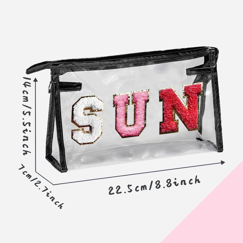 COSHAYSOO Clear Makeup Bag Preppy Sunscreen Pouch Waterproof Transparent Summer Beach Travel Stuff Small Cosmetic Toiletry Purse for Women Teenager Girls with Cute Puffy Letter Patch Black SUN - Image 2